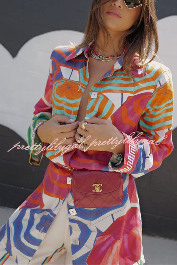 Elouise Satin Color Block Art Print Long Sleeve Button Back Elastic Waist H-line Mini Dress
