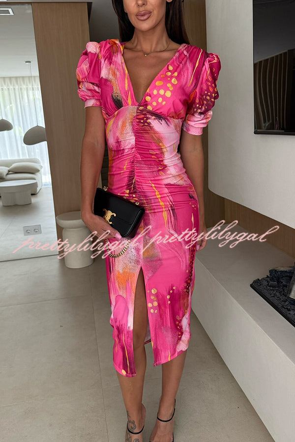 Unique Print V-Neck Puff Sleeve Slit Slim Midi Dress