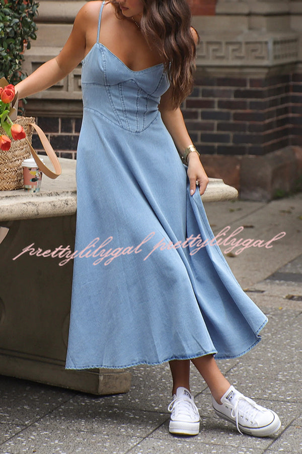 Solid Color Sleeveless Suspender Pleated Back Faux Denim Midi Dress