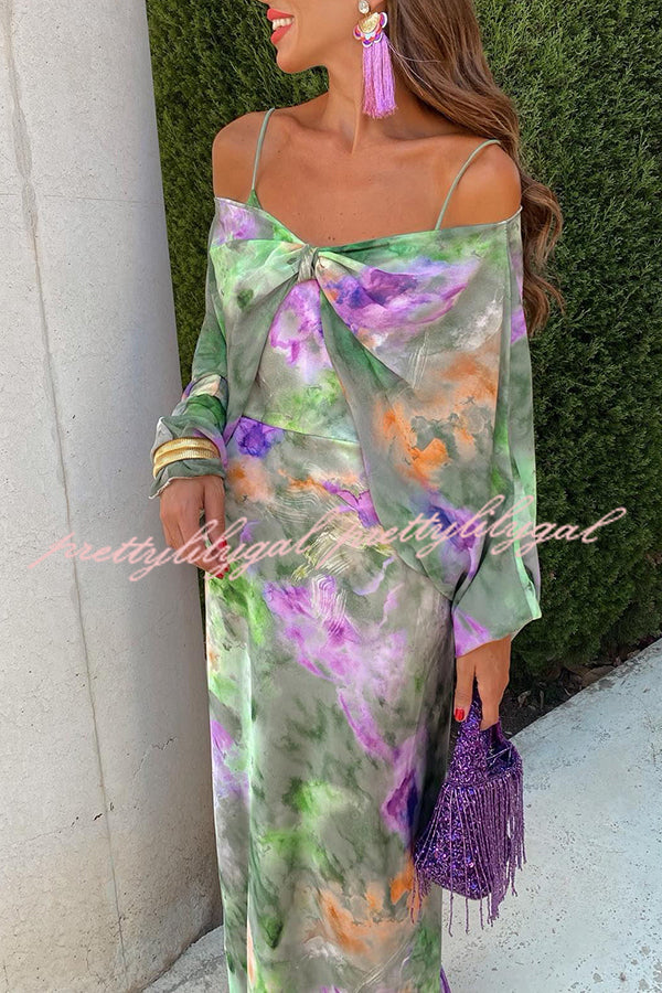 Expect The Best Tulle Tie-dye Print Maxi Dress with Removable Shawl