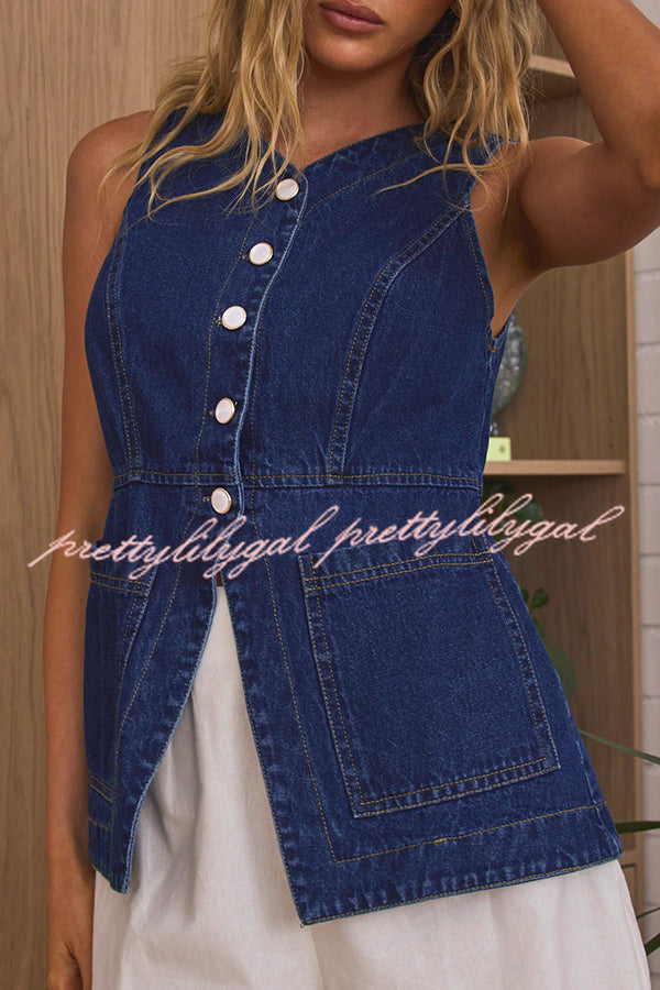 Fashionable Casual Slim Fit Button Pocket Denim Vest