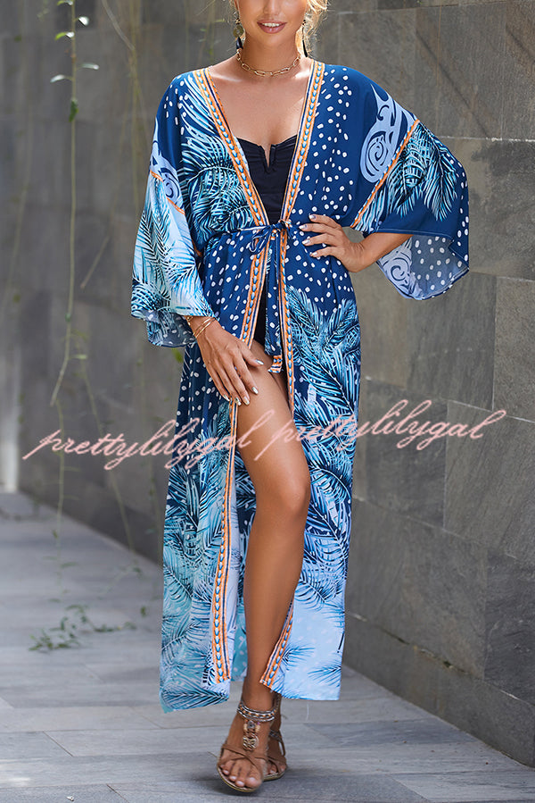 Unique Print Loose Lace Up Holiday Maxi Cover Up