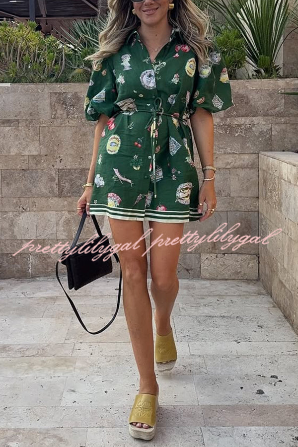 Linen Blend Unique Print Puff Sleeve Casual Mini Dress
