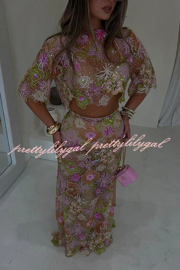 Fashionable Embroidered Flower Sequined Crop Top and Elegant Sheer Maxi Skirt Set
