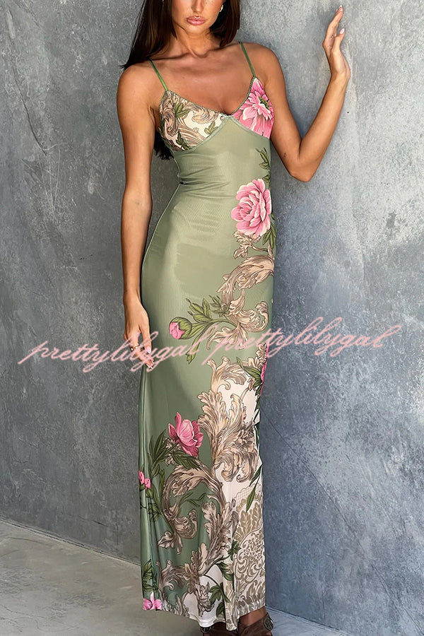 Reveling in The Unknown Floral Print Slip Stretch Maxi Dress