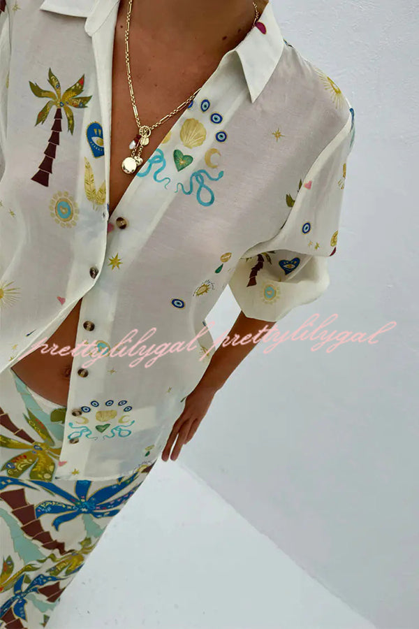 Linen Blend Resort Coconut Palm Print Long Sleeve Lapel Shirt and Elastic Waist Casual Pocket Shorts Set