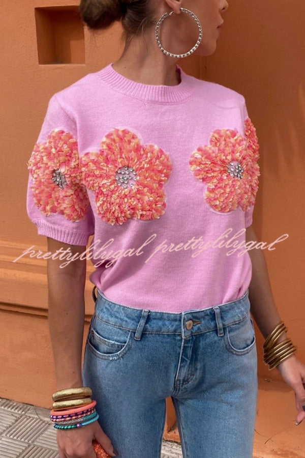 Contrast Color Floral Crew Neck Short Sleeved Sweaters