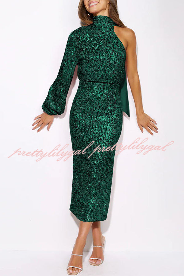 Bring The Class Sequin Slit High Waist Midi Dress