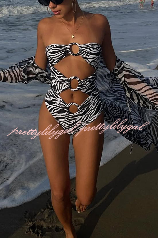 Marsie Zebra-print Ring Cutout Details Off Shoulder Stretch One-Piece Swimsuit