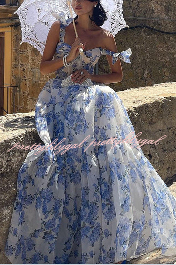 garden of passion blue floral print organza maxi dress Floral Print Suspender Strappy Back Waist Cinching Organza Maxi Dress –  prettylilygal