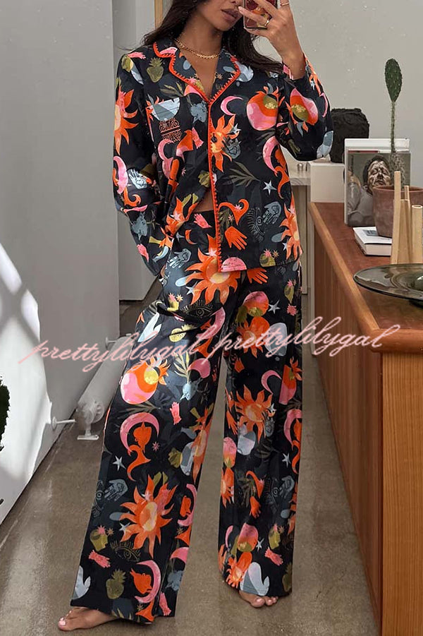 Evening Routine Unique Print Color-block Trim Loose Shirt and Elastic Waist Pocketed Pajama Set