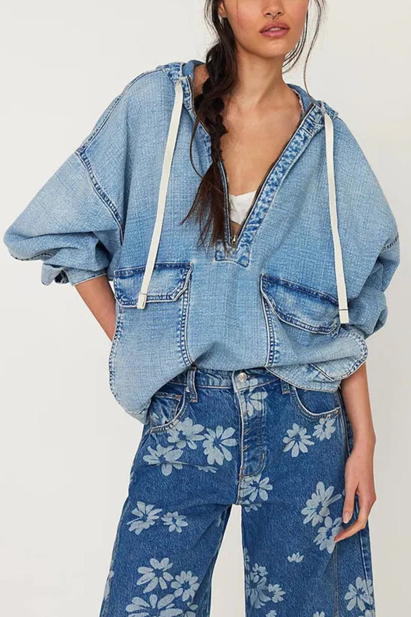Fashion Loose Pocket Casual Denim Zipper Hoodie
