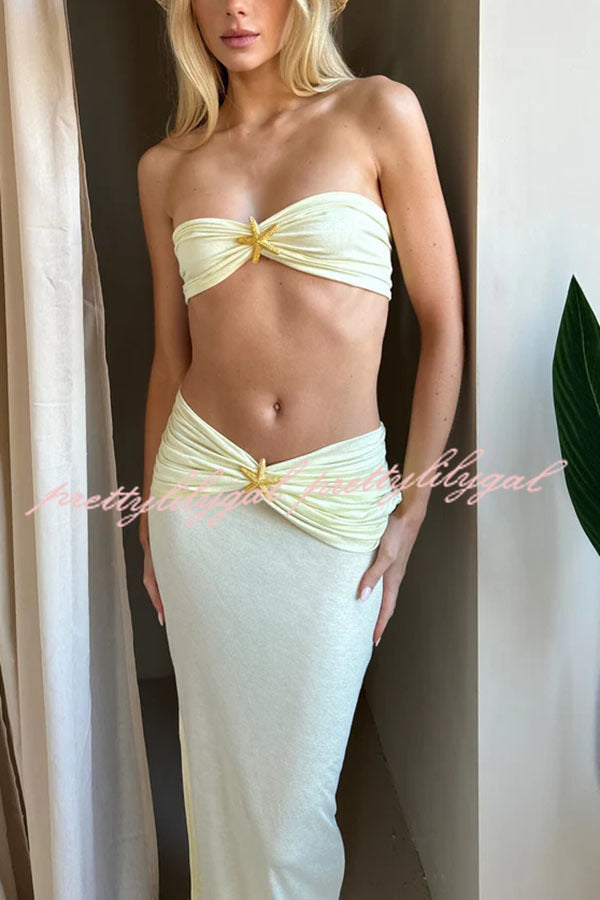 Diosa Gold Starfish Detail Bandeau Top and Ruched Stretch Maxi Skirt Set
