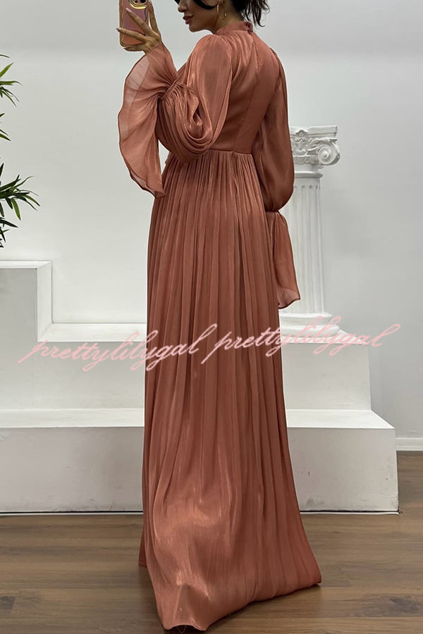 Ellah Shiny Fabric Chinese Stand Collar Twist Waist Balloon Sleeve Maxi Dress