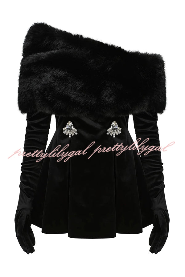 Stylish Velvet Off-shoulder Fitted Mini Dress and Fluffy Shawl, Velvet Gloves Three-piece Set