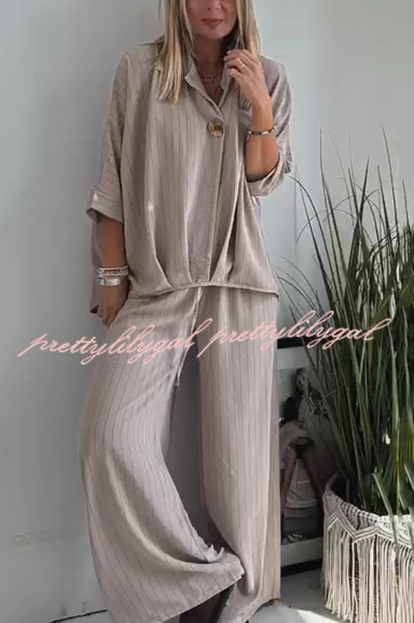 Fashion Striped Print Lapel Loose Top and Elastic Waist Casual Wide-leg Pants Set