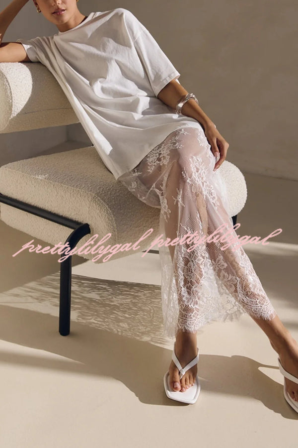 Ophelia Short Sleeve Sheer Floral Lace Hem Oversized T-shirt Maxi Dress