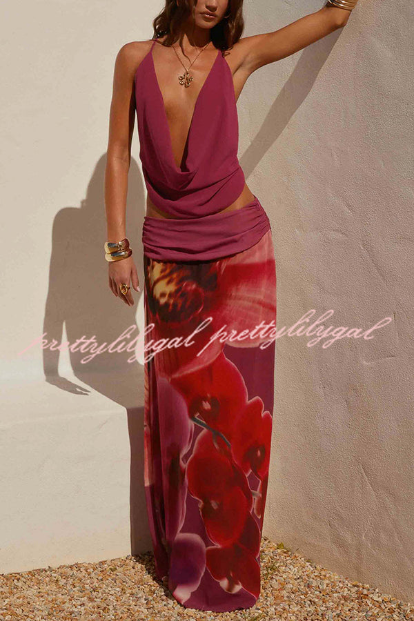 Sexy Deep V Backless Draped Camisole Top and Floral Print Chiffon Maxi Skirt Set