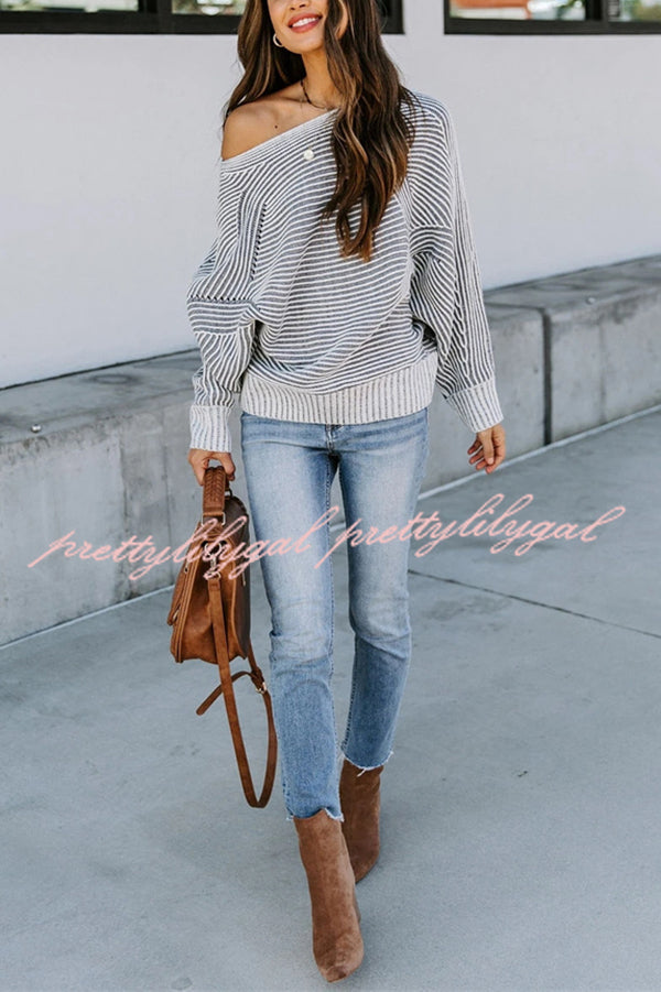 Knitted Striped Round Neck Dolman Sleeve Casual Loose Sweater