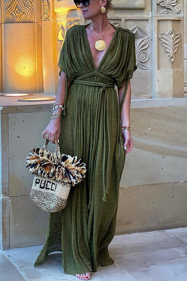 Greek Style Linen Blend Draped Braids Kimono Cover Up Slit Maxi Dress prettylilygal Greek Style Linen Blend Draped Braids Kimono Cover Up Slit Maxi Dress prettylilygal