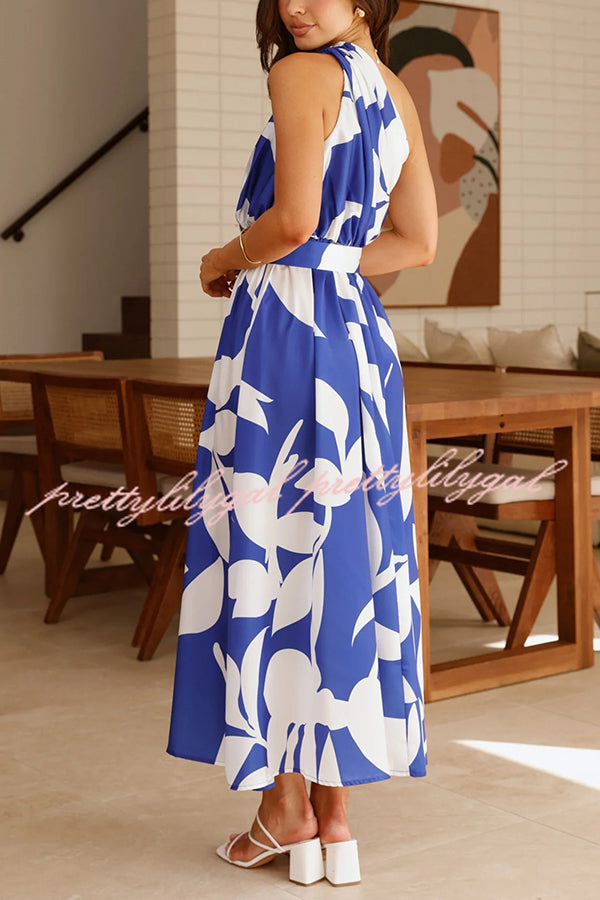 Unique Print Sleeveless One Shoulder Belted Maxi Dress