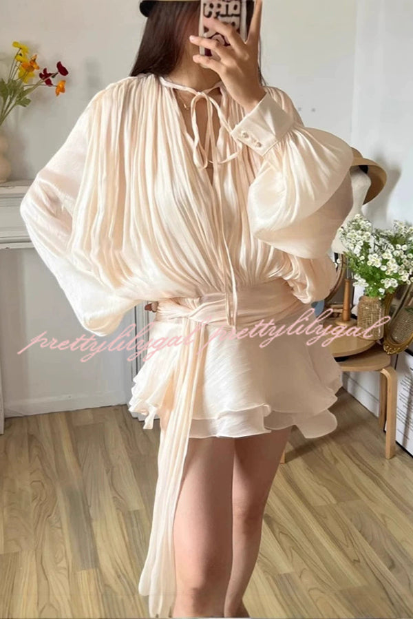 Solid Color Long Sleeve Tie Waist Irregular Mini Dress