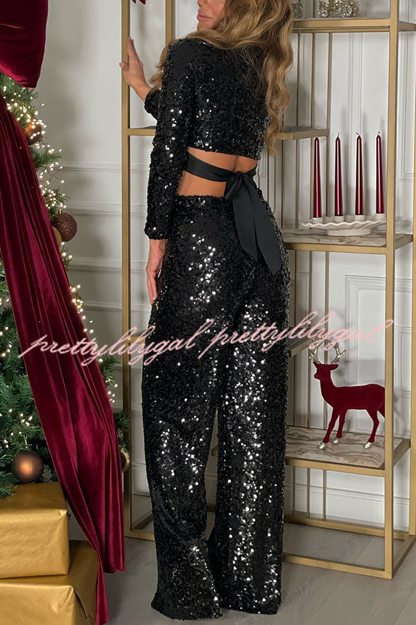 New Start Sequin Long Sleeve Back Tie-up Crop Top and Elastic Waist Loose Pants Set