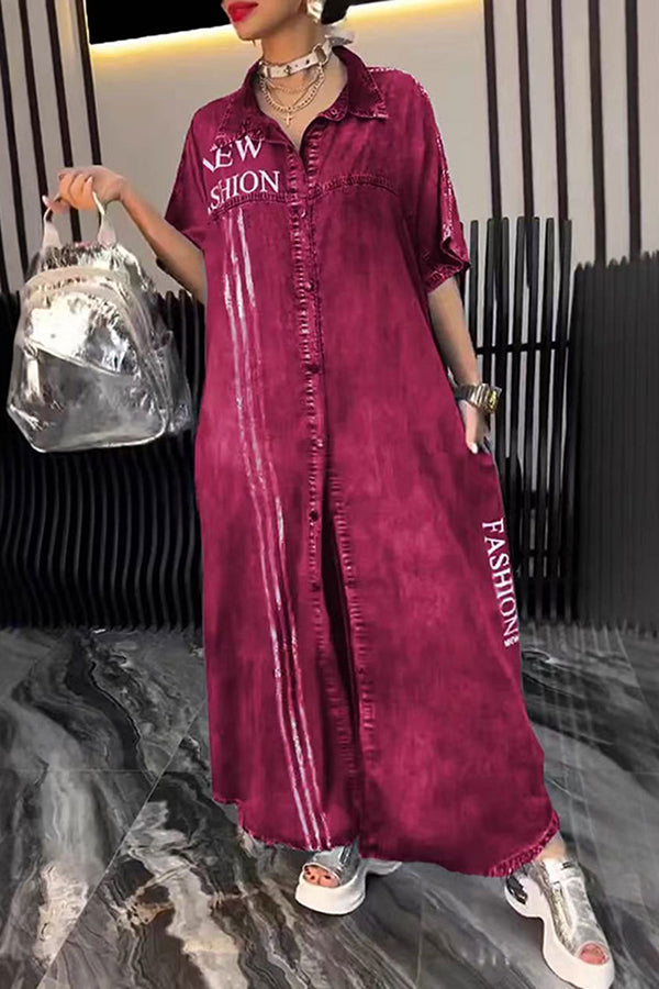Fashion Letter Print Lapel Cardigan Loose Maxi Dress