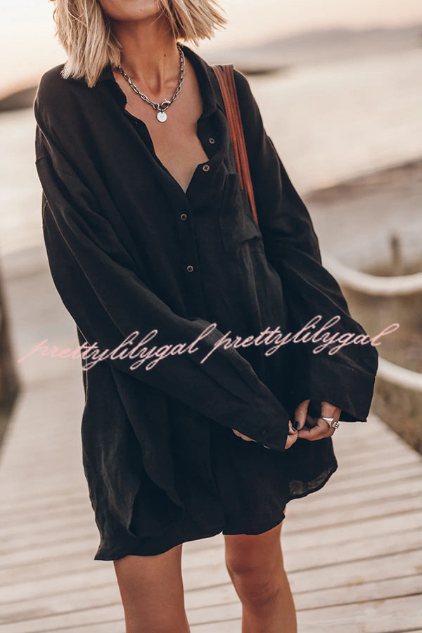 Go To The Beach Linen Blend Pocketed Long Sleeve Oversized Shirt