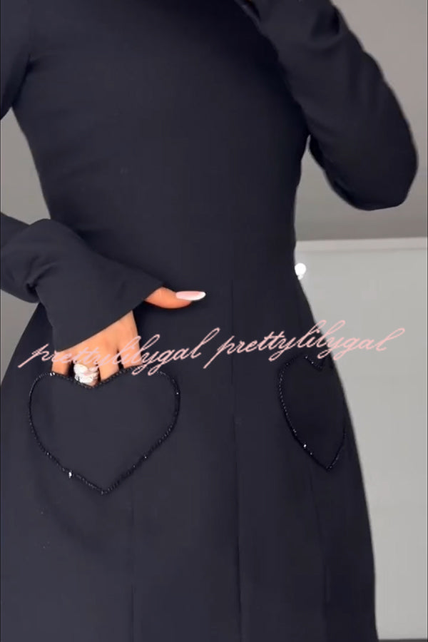 Anna Sparkling Gemstone Trim Heart Pocket Long Sleeve Mini Dress