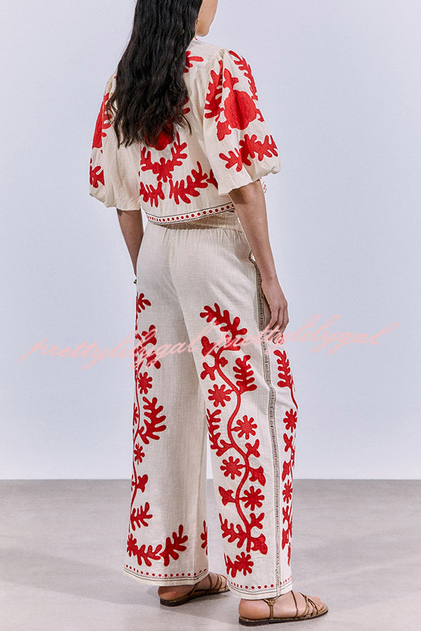 Till Sunset Linen Blend Unique Print Elastic Waist Pocket Wide Leg Pants