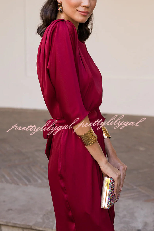 Satin Solid Color Round Neck Half Sleeve Waist Midi Dress