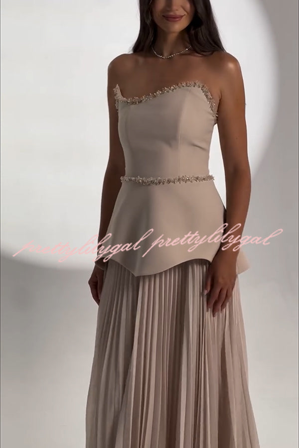 Capture The Moment Gem Trim Pleated Hem Strapless Maxi Dress