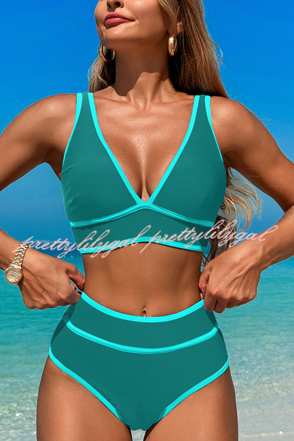 Solid Color Contrast High Waist Stretch Bikini Swimsuit