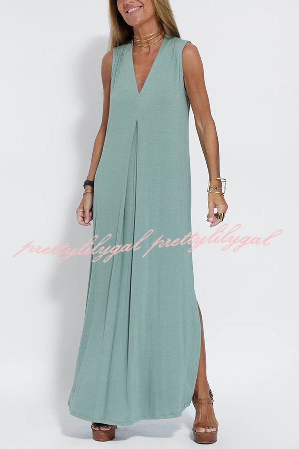 Elegant Is Eternal Knit Solid Color Sleeveless Slit Maxi Dress