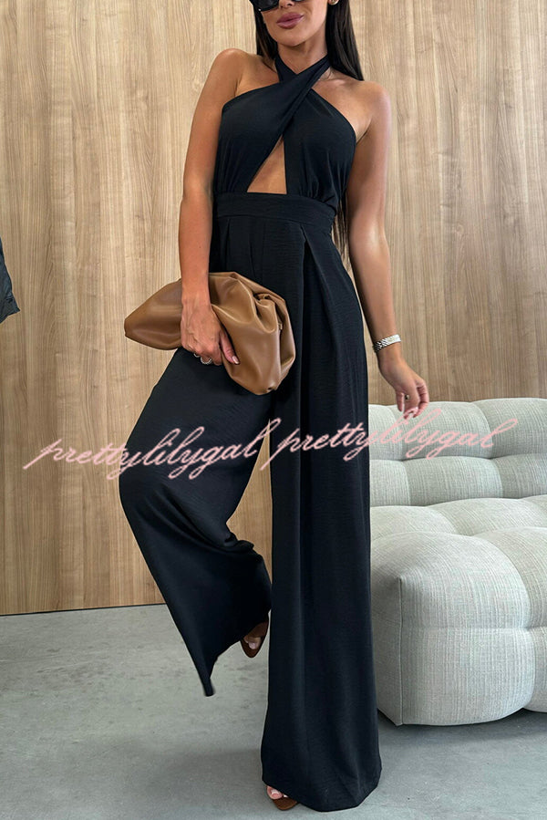 Easy Mode Cross-neck Halter Strap Backless Wide Leg Jumpsuit