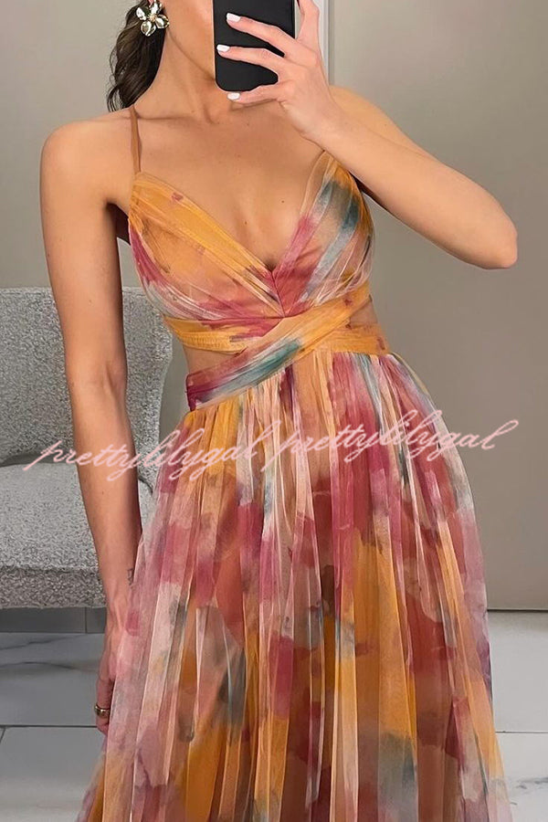 Giselle Tulle Render Floral Print Cutout Waist Back Lace-up Maxi Dress