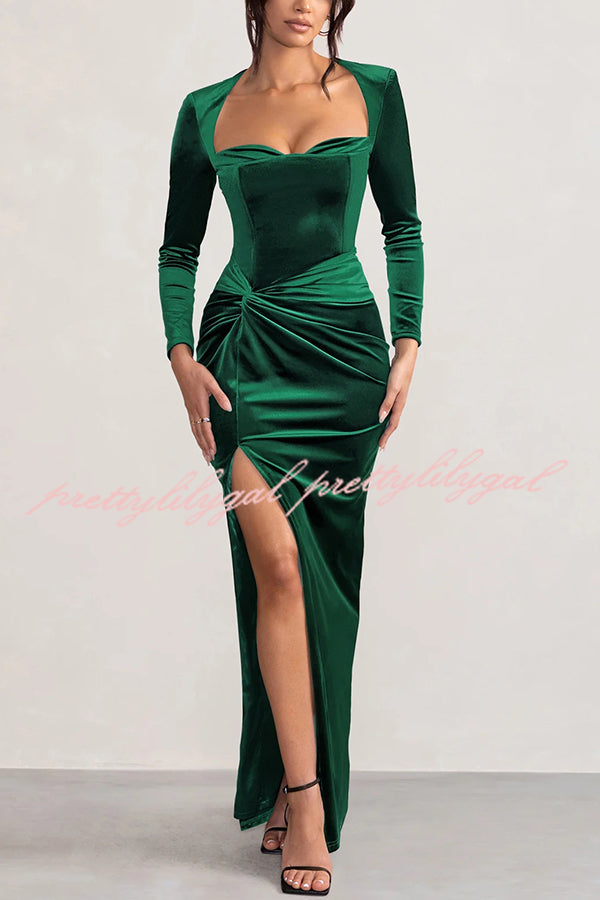 Hollywood Glamor Velvet Plunge Neck Long Sleeve Twisted Slit Stretch Maxi Dress