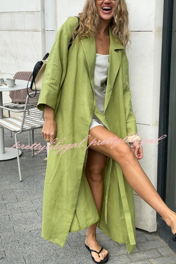 Linen Blend Solid Color Casual Lapel Tie Loose Maxi Dress