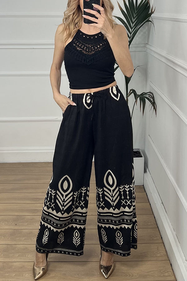 Unique Print Elastic Waist Casual Pocket Wide Leg Pants