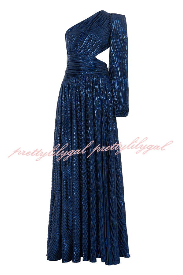 Dazzling Night Metallic Pleated One Shoulder Cutout Balloon Sleeve Gown Maxi Dress