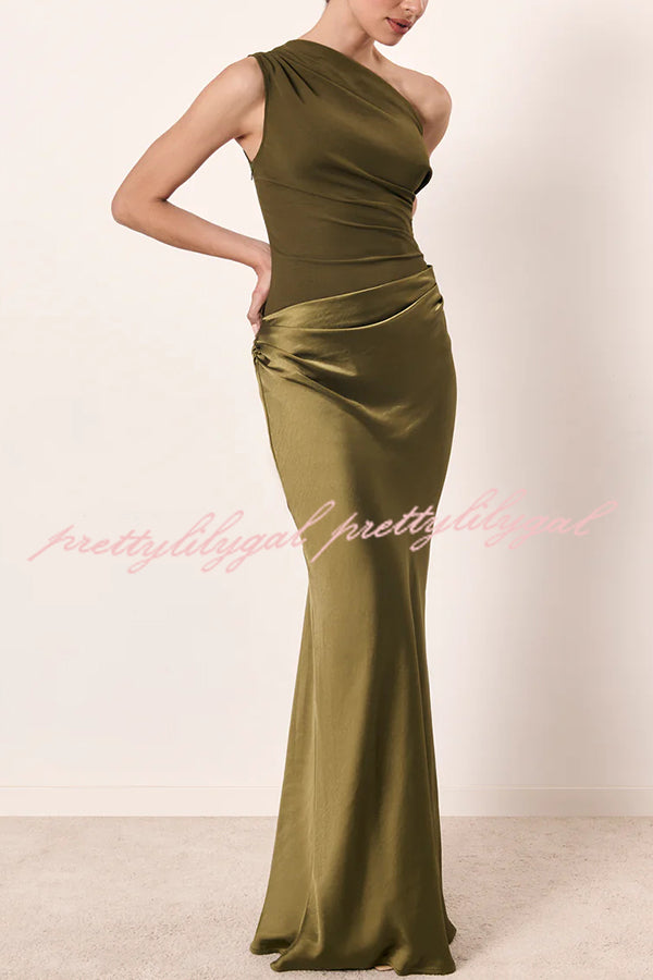 Kaia Satin Contrast Fabric Patchwork One Shoulder Ruched Maxi Dress