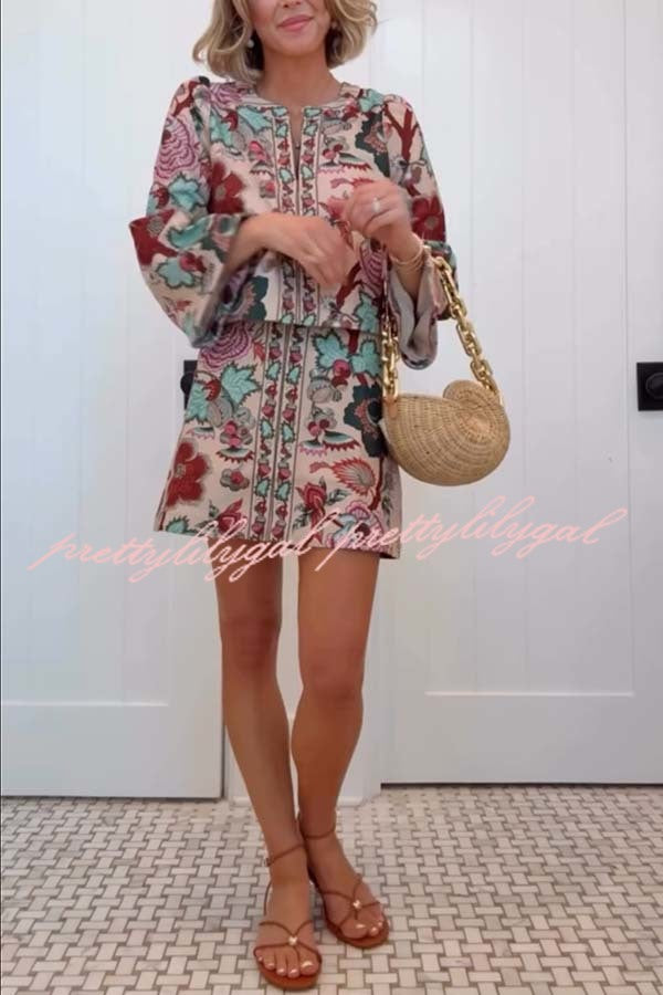 Autumn Garden Printed V-neck Long Bell Sleeve Top and Mid Rise Skirt Set