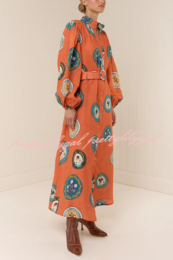 Linen Blend Unique Print Belted Single-breasted Casual Maxi Dress