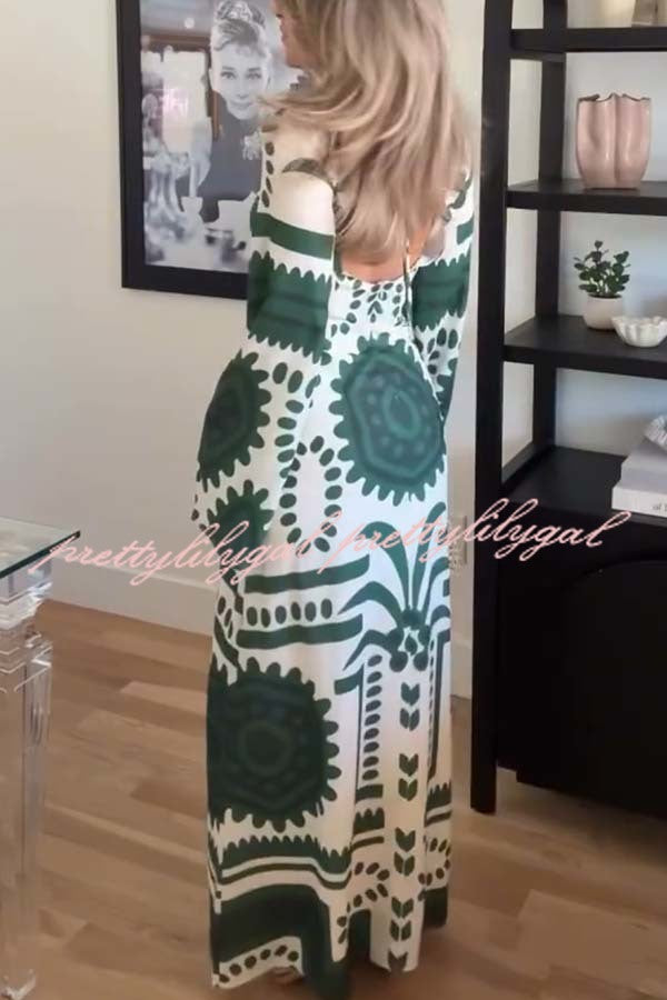 Holiday Fashion Unique Print Front Center Hollow Ring Long Sleeve Maxi Dress