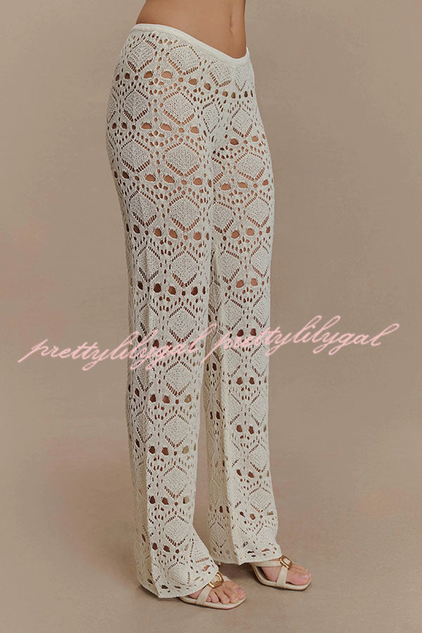 Trena Crochet Knit Hollow Mid Rise Stretch Wide Leg Pants