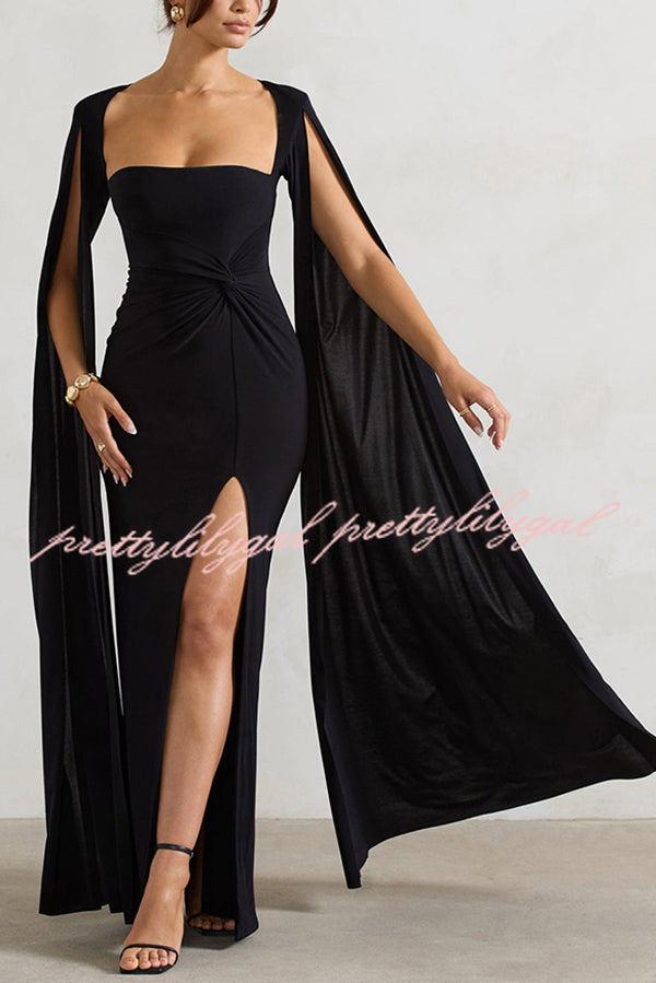 Elegant Goddess Square Neck Twisted Cape Sleeve Slit Maxi Dress