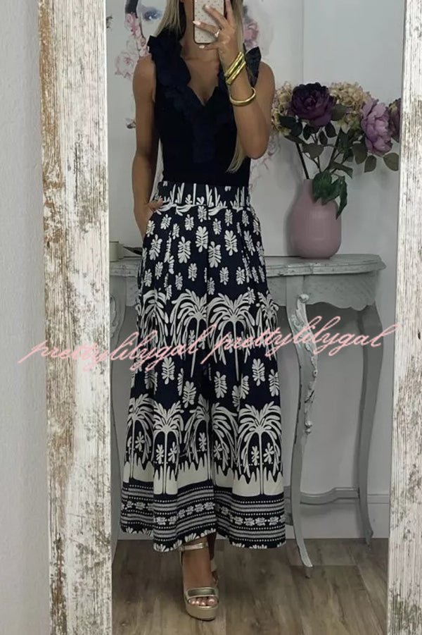 Unique Print Elastic Waist Loose Pocket Holiday Wide Leg Pants