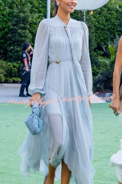 Elegant and Graceful Tie-up Neck Long Balloon Sleeve Handkerchief Midi Dress
