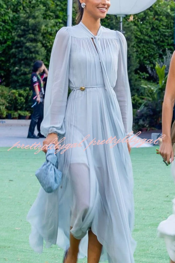 Elegant and Graceful Tie-up Neck Long Balloon Sleeve Handkerchief Midi Dress